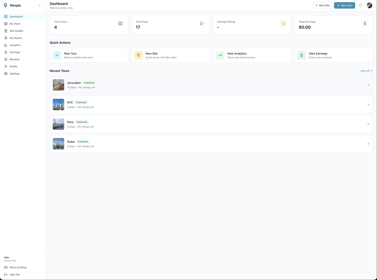 Wexplo admin dashboard, total tours, total plays, average rating, and engagement stats, quick-action tiles for new tour / new site / analytics, and a list of recent published tours.