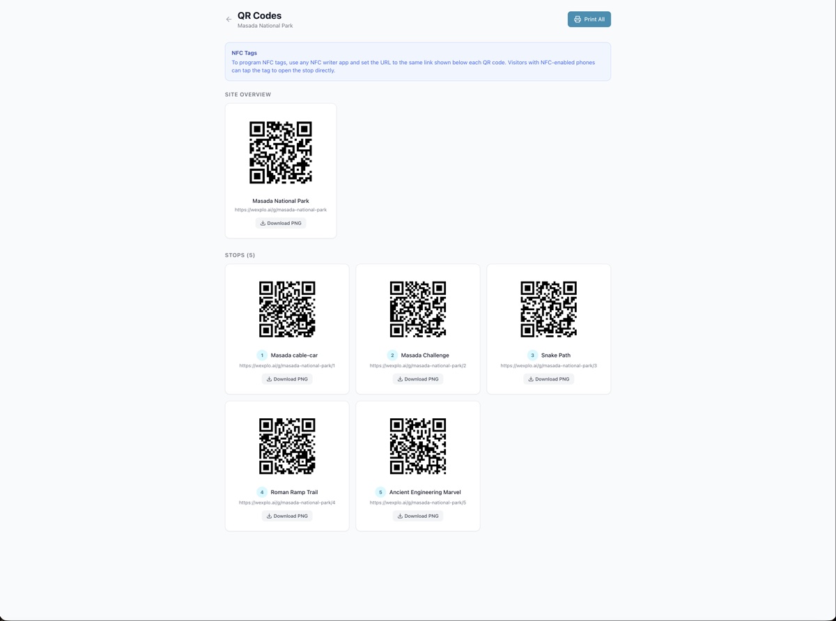 Wexplo Sites QR codes page for Masada National Park, site-overview QR plus five individually numbered stop QR codes, each with a stable URL and PNG download.