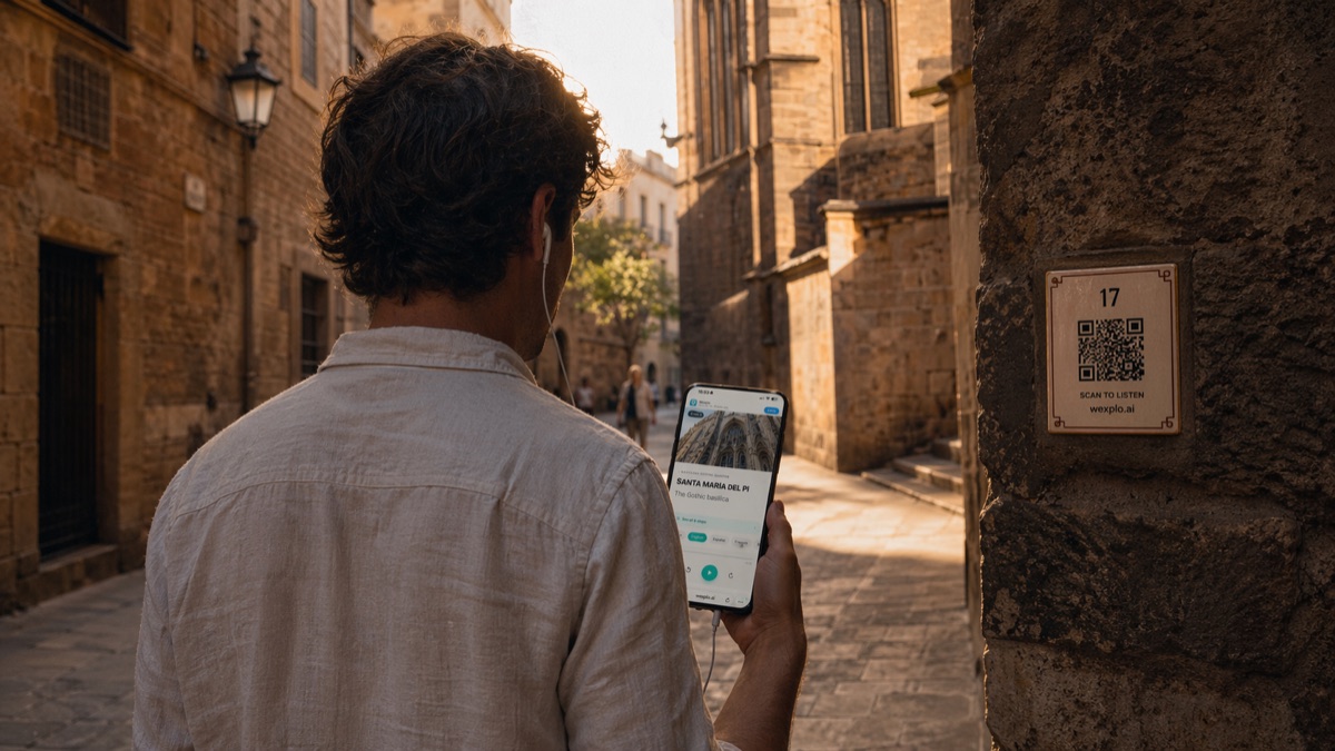 Traveler in Barcelona's Gothic Quarter listening to the Wexplo audio guide for Santa Maria del Pi, with a ceramic QR tile on the stone wall.