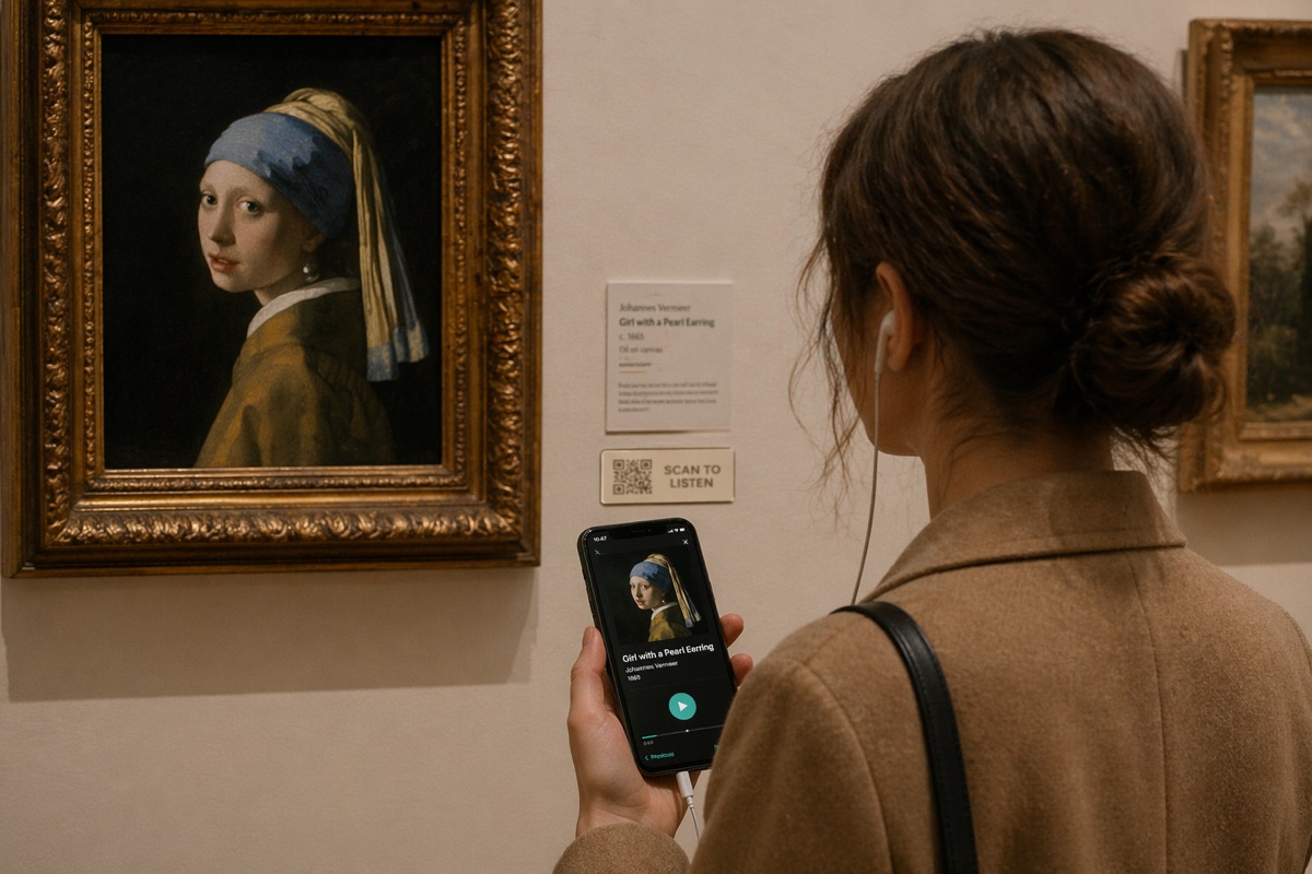 Museum visitor listening to the Wexplo audio guide for Vermeer's Girl with a Pearl Earring, with a scan-to-listen QR code beside the painting.