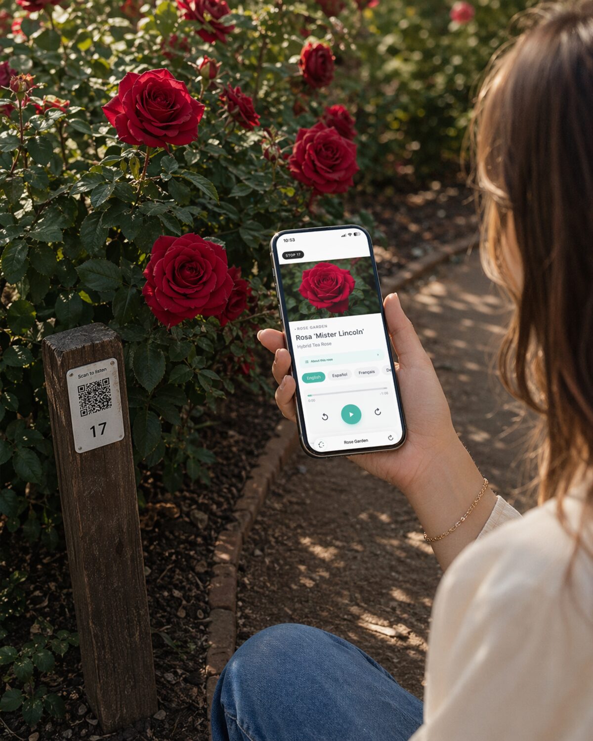 A visitor in a rose garden holds a phone displaying the Wexplo audio guide for "Rosa Mister Lincoln, Hybrid Tea Rose", with language tabs (English, Español, Français) visible. A numbered wooden post with a QR code labelled "Scan to listen, 17" stands next to the rose bushes.