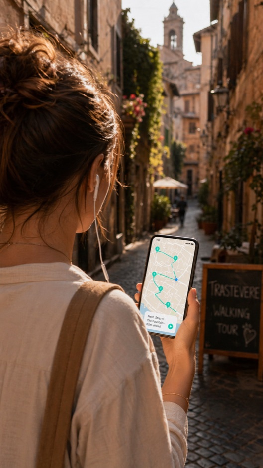 Traveler walking a sunlit European alley with a phone showing the Wexplo walking-tour map, a GPS-triggered route with six stops auto-playing as she passes each one.