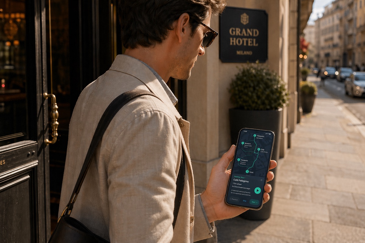 Hotel guest stepping outside the property with a phone showing a concierge-made Wexplo neighborhood walking tour, route and numbered stops on the map.