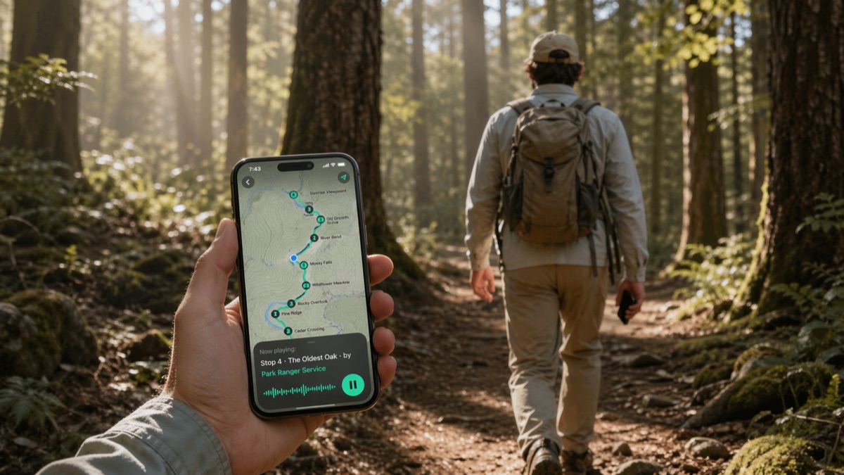 Hiker on a forest trail with a phone showing a GPS-triggered Wexplo nature tour, route polyline, numbered viewpoints, and a stop auto-playing as she walks.