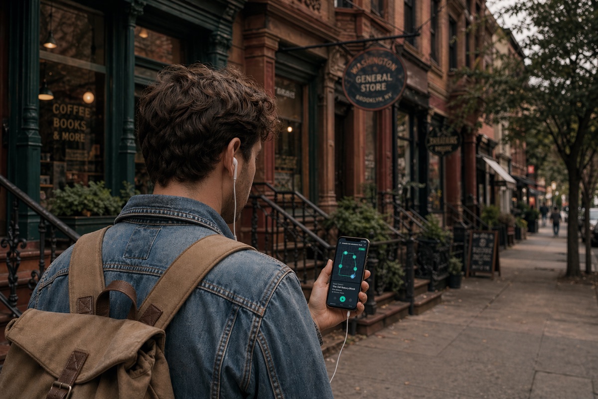 Traveler walking an urban neighborhood street with a phone showing a Wexplo walking-tour map, route line and pinned stops for a locally-made city tour.