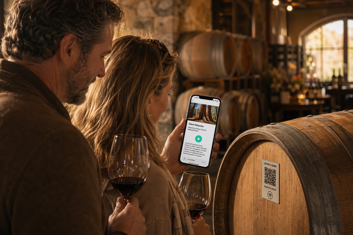 Couple in a winery tasting room using the Wexplo audio guide beside oak aging barrels, with a 'Listen & Learn' QR plaque on a barrel.
